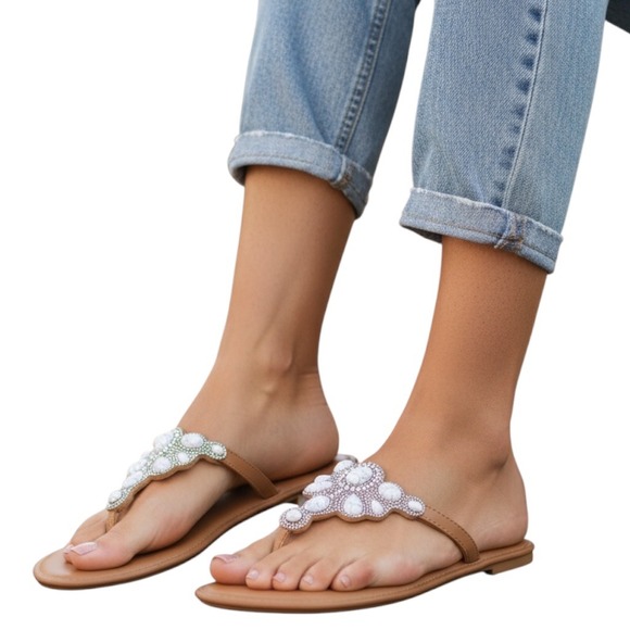West Loop Women's Tan Silver Jeweled Marbled Flat Thong Sandal Size M (7/8) - Picture 1 of 8